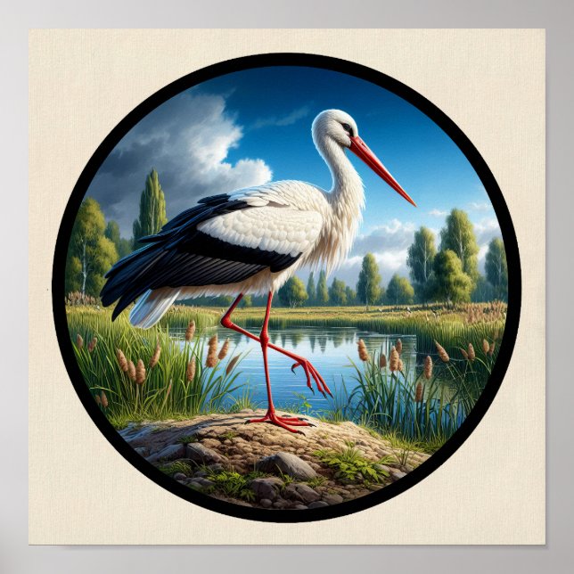 Affiche Une image 3D circulaire d'une belle cigogne blanch (Devant)
