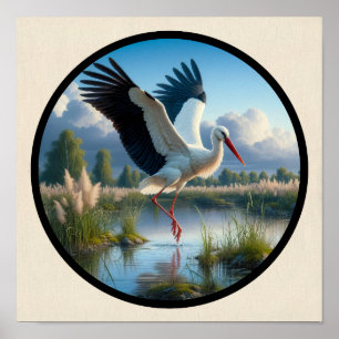 Affiche Une image 3D circulaire d'une belle cigogne blanch