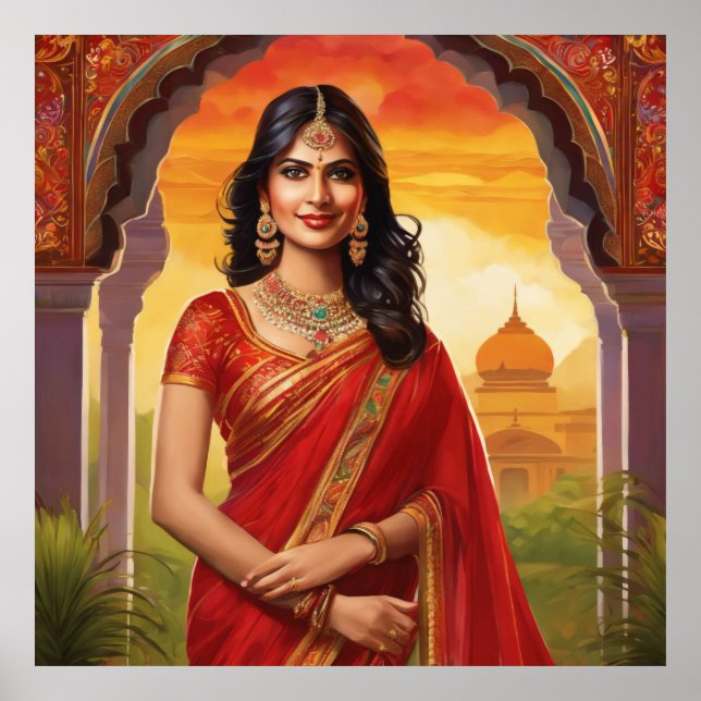Affiche Une Indienne au temple portant un saree traditionn (Devant)