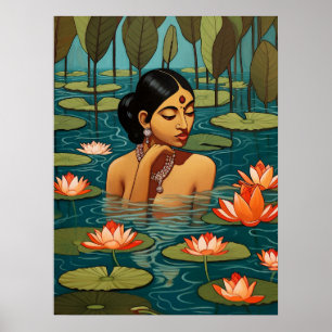 Affiche Une Indienne dans un étang entouré de fleurs de lo