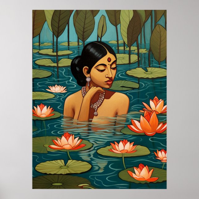 Affiche Une Indienne dans un étang entouré de fleurs de lo (Devant)