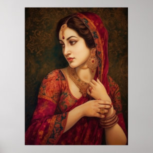 Affiche Une Indienne en rouge Saree Portrait Peinture