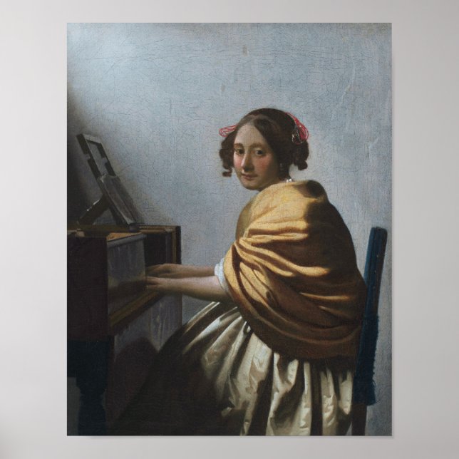 Affiche Une jeune femme assise aux Virginals par Vermeer - (Devant)