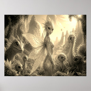Affiche Une jolie fille fée debout avec ses amis mur