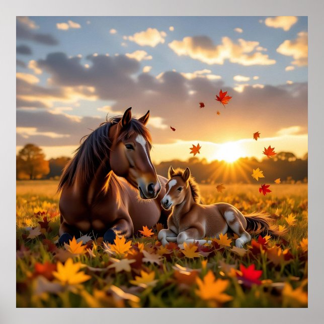 Affiche Une jument et son poulain en Automne (Devant)