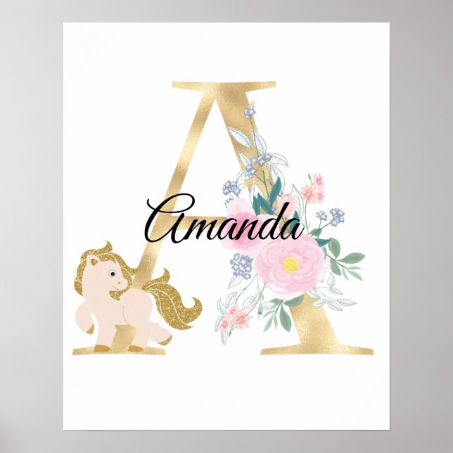 Affiche Une lettre nom personnalisé monogramme avec poney (Devant)