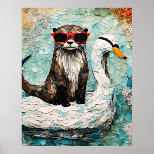 Affiche Une loutre en vacances sur un cygne flottant