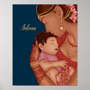 Affiche Une mère indienne tient son bébé en hennée