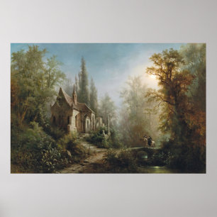 Affiche Une Nuit Lune Au-Dessus D'Une Chapelle Et De Rider