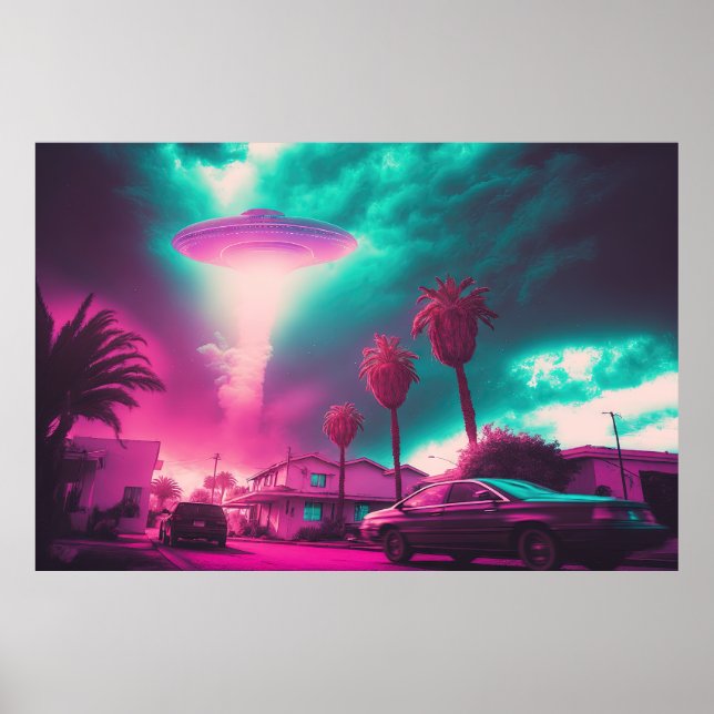 Affiche Une oeuvre Vaporwave de rencontre extraterrestre (Devant)