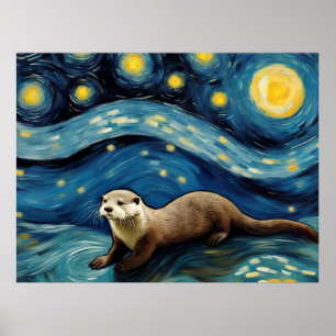Affiche Une Otter dans la mer de nuit étoilée
