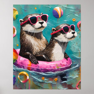 Affiche Une paire de Otter en vacances dans une bague flot