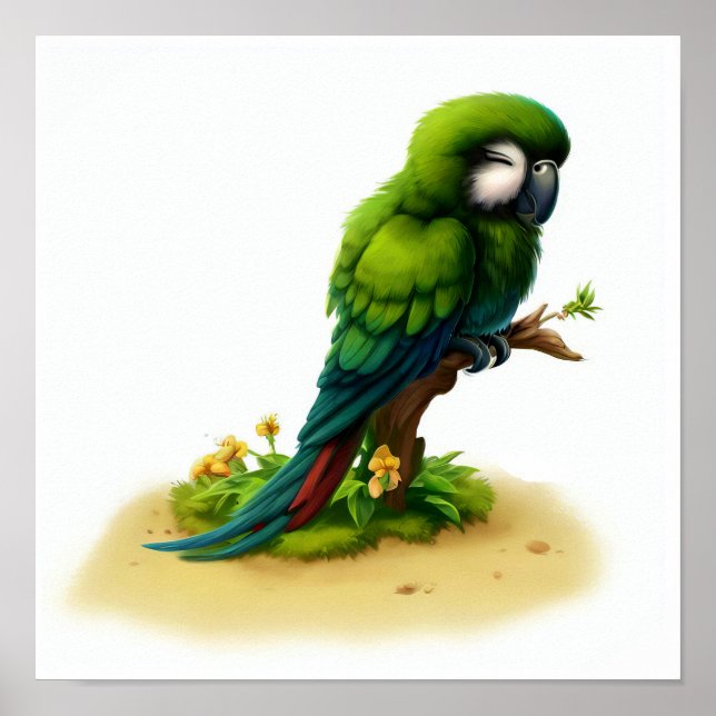 Affiche Une peinture à l'aquarelle 3D d'un grand ara vert (Devant)