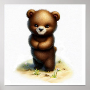 Affiche Une peinture aquarelle 3D d'un ourson grizzly