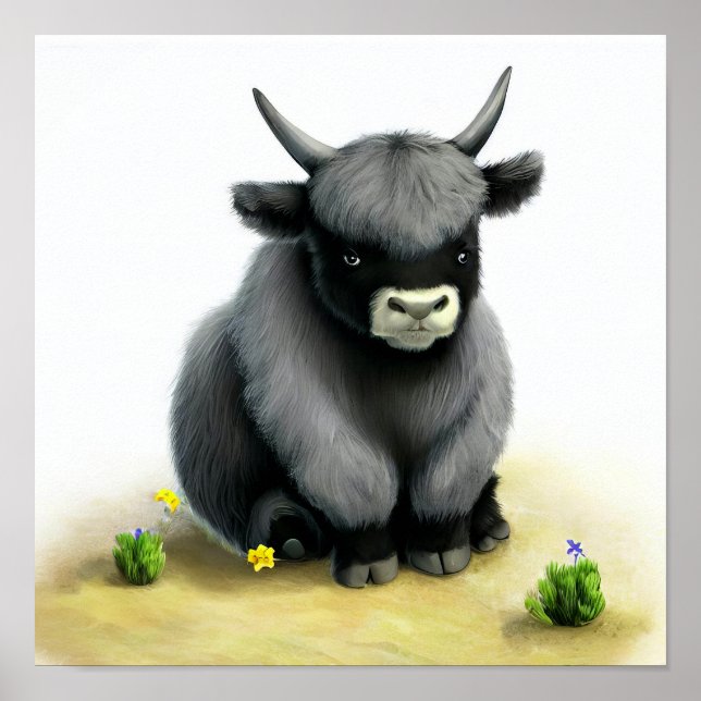 Affiche Une peinture numérique d'un jeune mignon yak (Devant)
