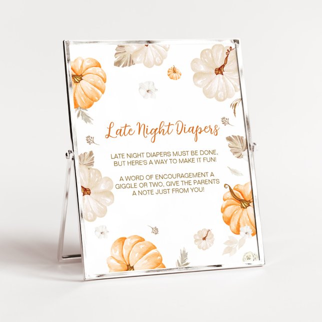 Affiche Une Petite Citrouille Douce Couches de Nuit (Orange Pumpkin Fall Baby Shower Late Night Diapers Sign)