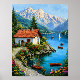Affiche Une petite maison sur fond de lac de montagne