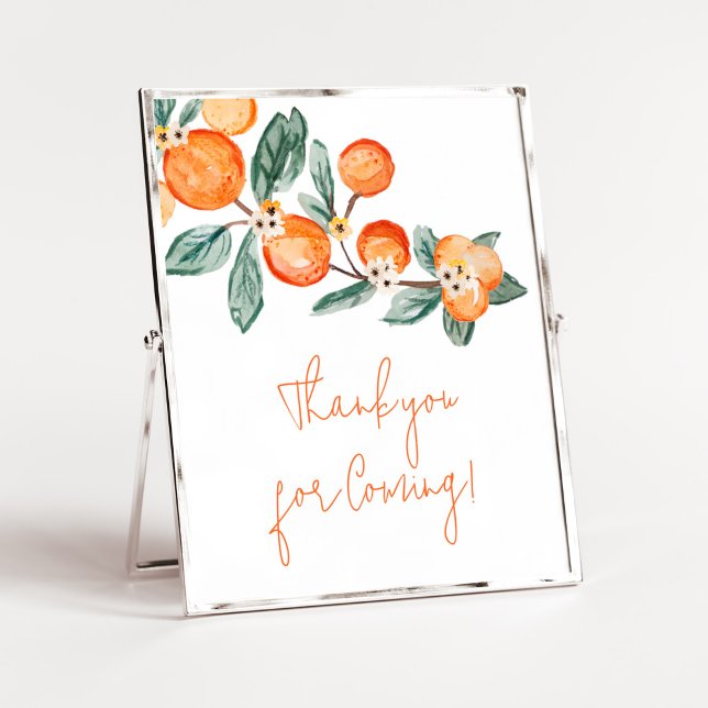 Affiche Une petite ruse sur le chemin Merci orange pour ve (A Little Cutie is on the Way Baby Shower Thank You for Coming Sign)