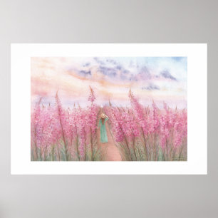 Affiche Une promenade dans un champ de fleurs roses