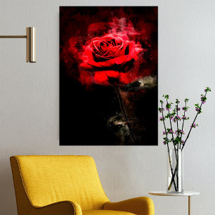 Affiche Une rose rouge aquarelle sur fond noir