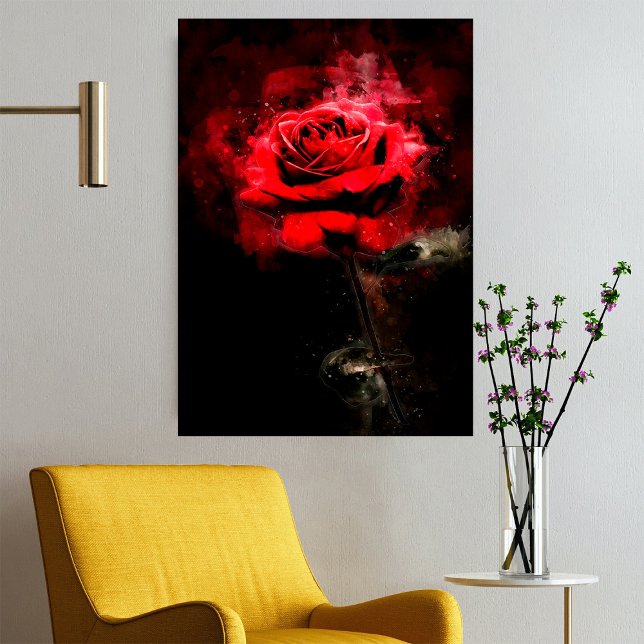 Affiche Une rose rouge aquarelle sur fond noir (One Red Rose Watercolor on Black Background. Poster)