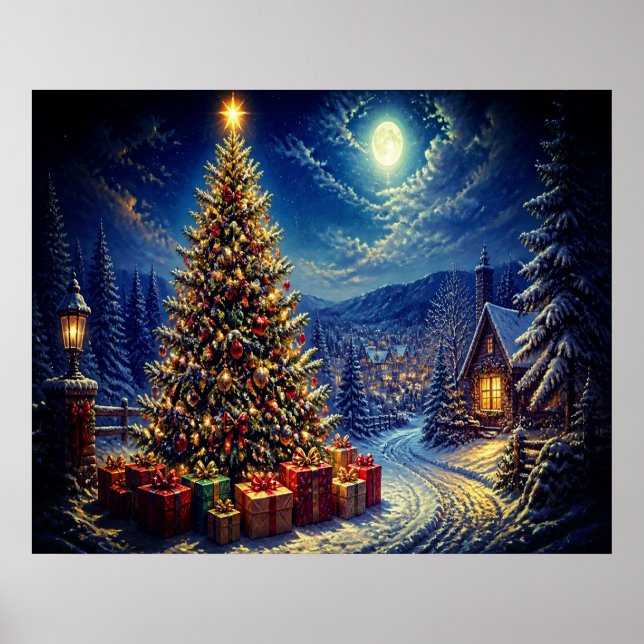 Affiche Une scène de Noël bleue dans la rue du quartier (Devant)