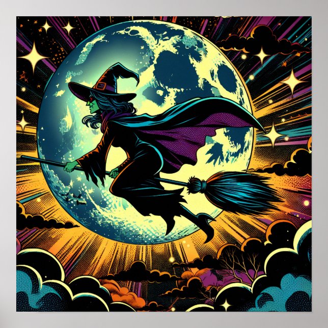 Affiche Une sorcière et une fête d'Halloween Pleine lune (Devant)
