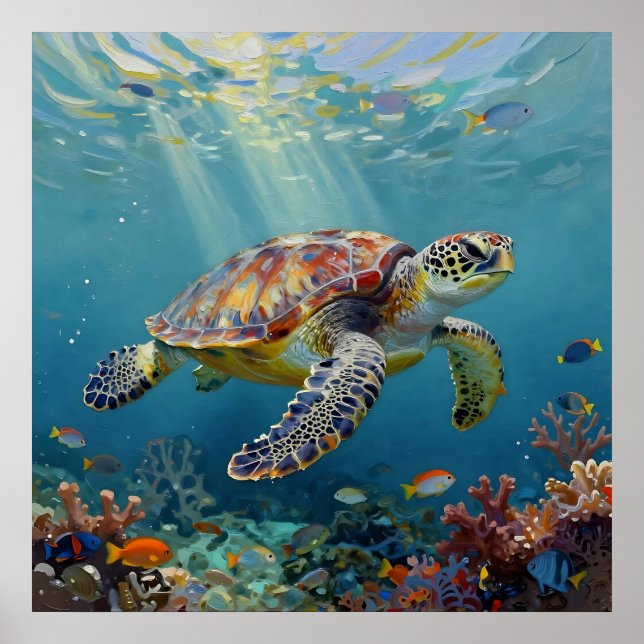 Affiche Une tortue de mer et des rayons de soleil dans l'o (Devant)