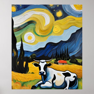 Affiche Une vache dans la Nuit étoilée