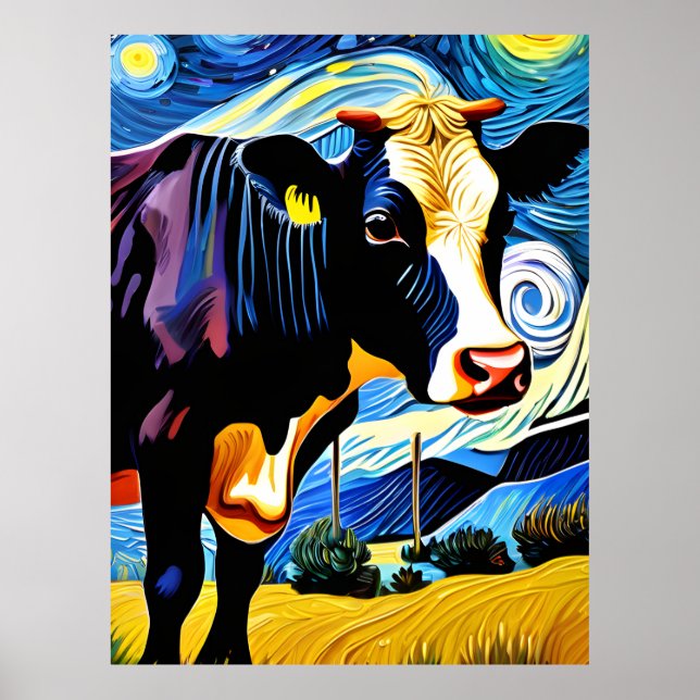 Affiche Une vache dans la nuit étoilée (Devant)