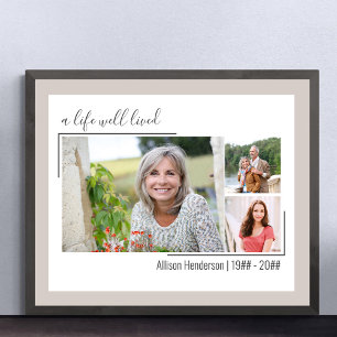 Affiche Une vie bien vécue Élégant Script 3 Photo Funérail
