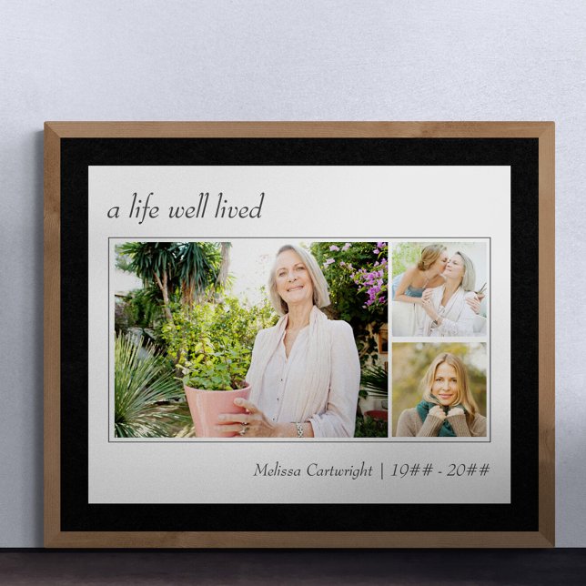 Affiche Une vie bien vécue Élégant Script 3 Photo Funérail (Funeral memorial poster to order professionally printed or as a printable digital download)