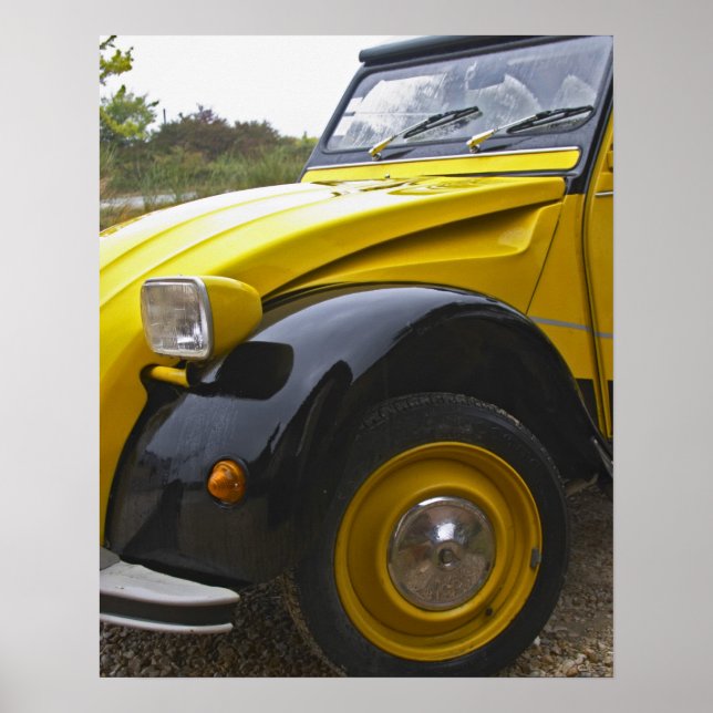 Affiche Une vieille Citroen 2CV 2 CV noire et jaune, (Devant)