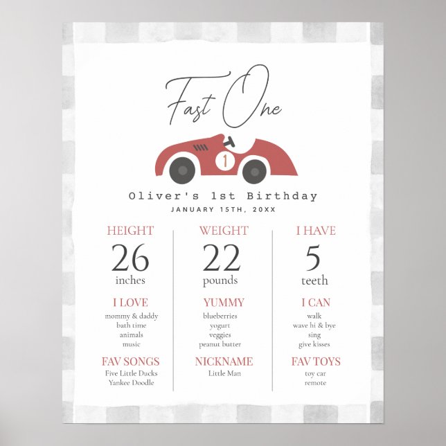 Affiche Une Voiture de Course Rouge Rapide Premier Anniver (Devant)