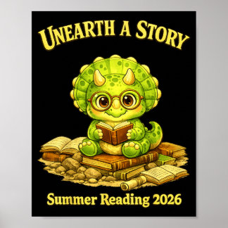 Affiche Unearth a Story Triceratops Dinosaur Reading Books