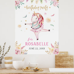 Affiche Unicorn Ballerina Rose Floral fête d'anniversaire