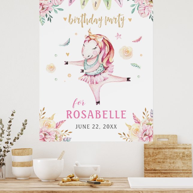 Affiche Unicorn Ballerina Rose Floral fête d'anniversaire (Cuisine)