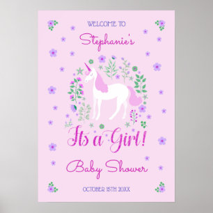 Affiche Unicorn C'Est Une Fille Baby shower Rose Personnal