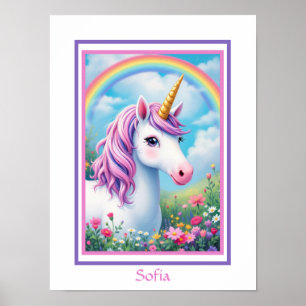 Affiche Unicorn Cute Girl's Pink and Purple Ajouter un nom