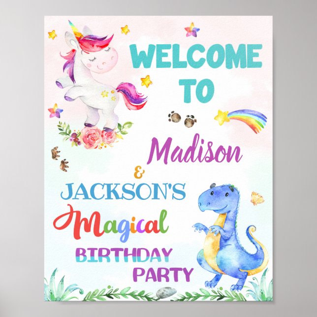 Affiche Unicorn et Dinosaur signe de fête de bienvenue Sym (Devant)