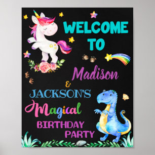 Affiche Unicorn et Dinosaur signe de fête de bienvenue Sym
