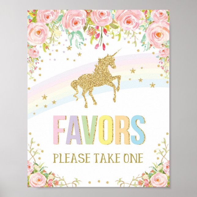 Affiche Unicorn Favore Rainbow Candy Bar Pink Gold Floral (Devant)
