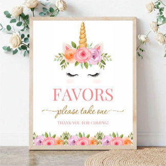 Affiche Unicorn Floral Favors Please Take One
