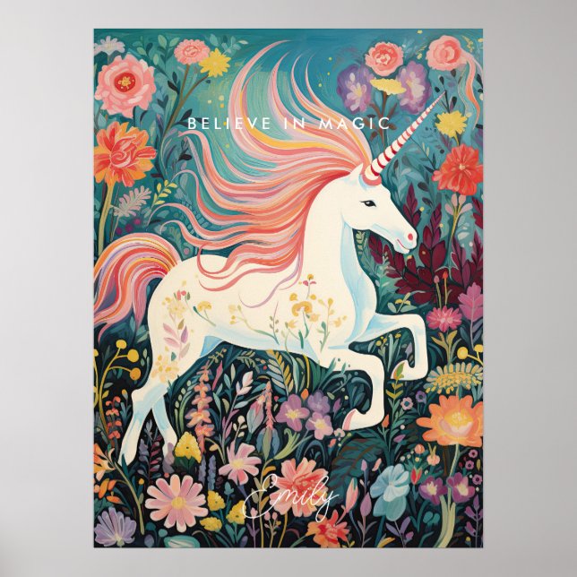 Affiche unicorn floral magique croire l'affiche de chambre (Devant)