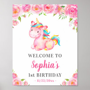 Affiche Unicorn Girl 1er Anniversaire Fête rose Bienvenue