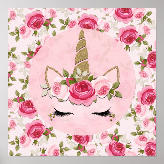 Affiche Unicorn Or rose Floral Rose mignonne tendance (Devant)