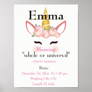 Affiche Unicorn themed Name meaning keepsake nursery