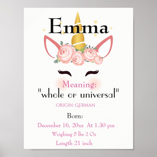 Affiche Unicorn themed Name meaning keepsake nursery (Devant)