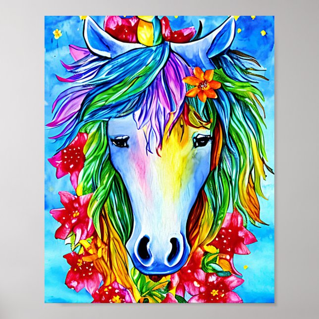 Affiche Unicorne Abstraite Fleurs de visage aquarelle Art (Devant)