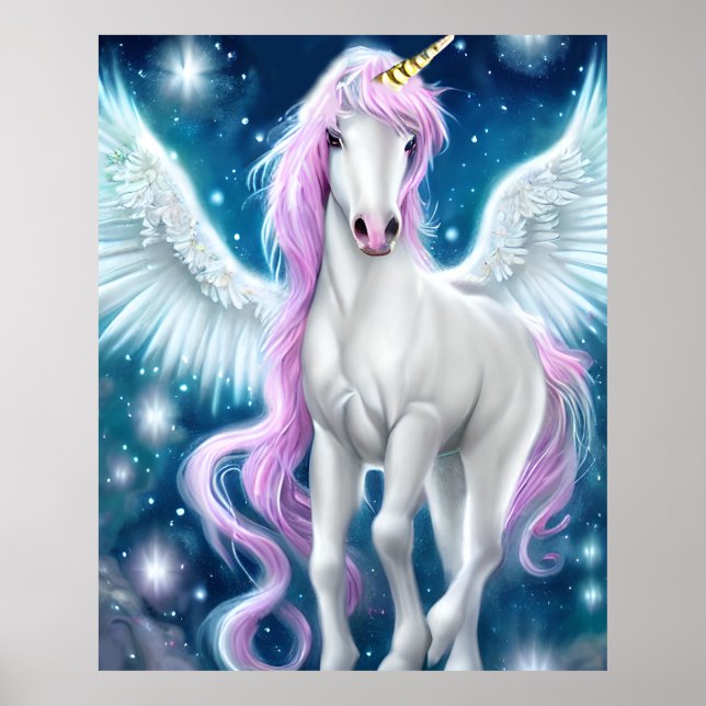 Affiche Unicorne aile Imaginaire avec cheveux roses (Devant)